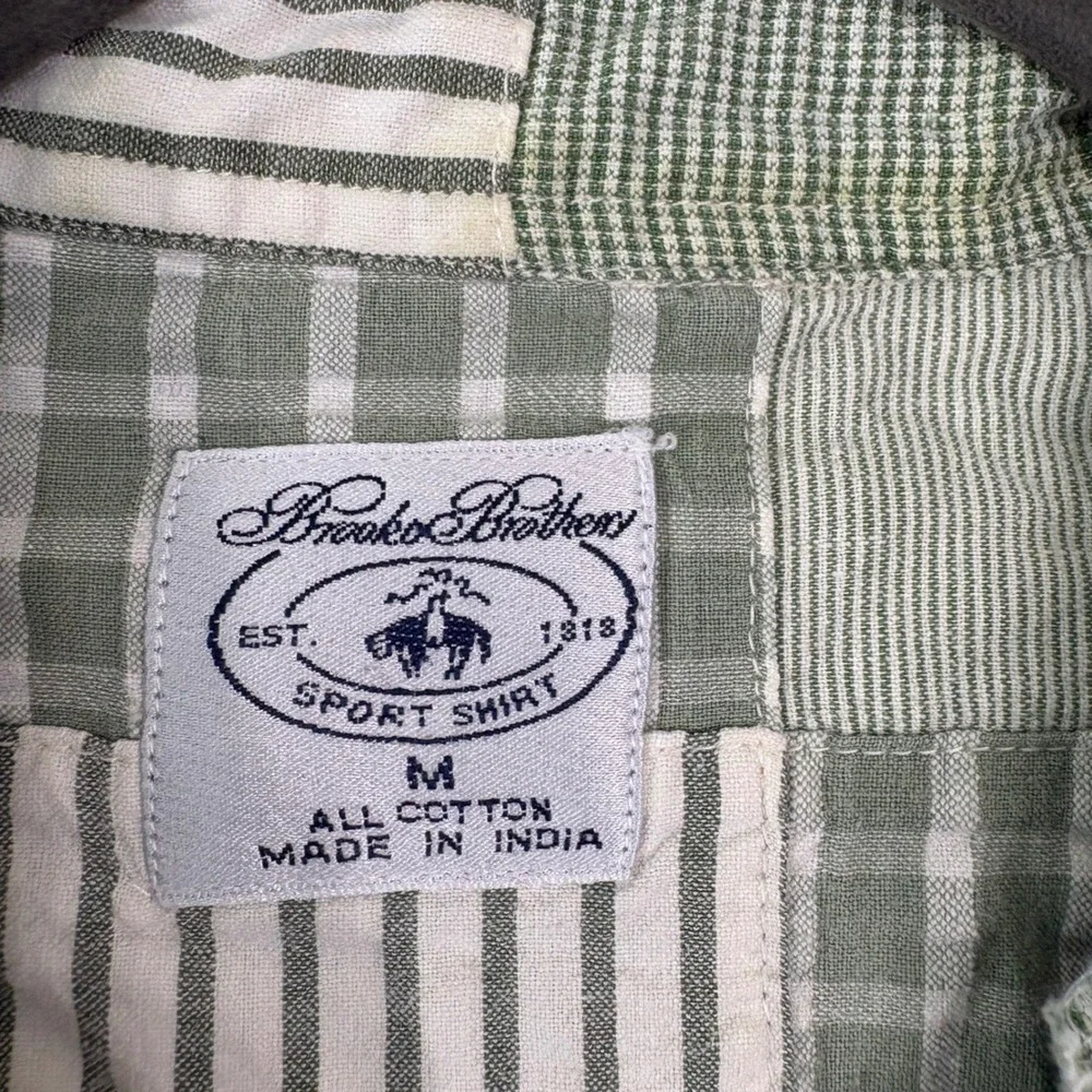 Brooks Brothers Sport Shirt Mens M Green Patchwork Button Up Short Sleeve Cotton